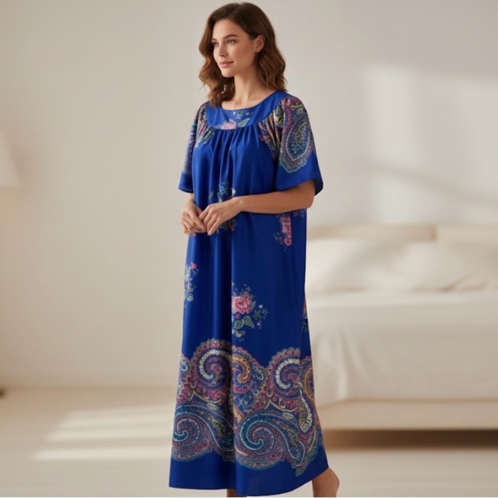 ANTHONY RICHARDS House Lounging Dress or Nightgown, Women’s M, Blue Multi